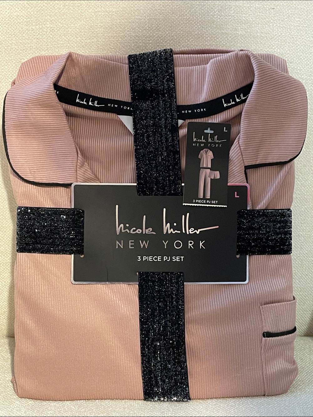 Nicole Miller Blush Pink Three-Piece Pajama Set with Black Trim